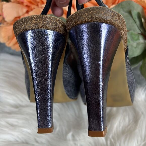 Vintage Donald Pliner Blue Metallic Stretchy Slingback Heels Size 8 - Picture 8 of 11